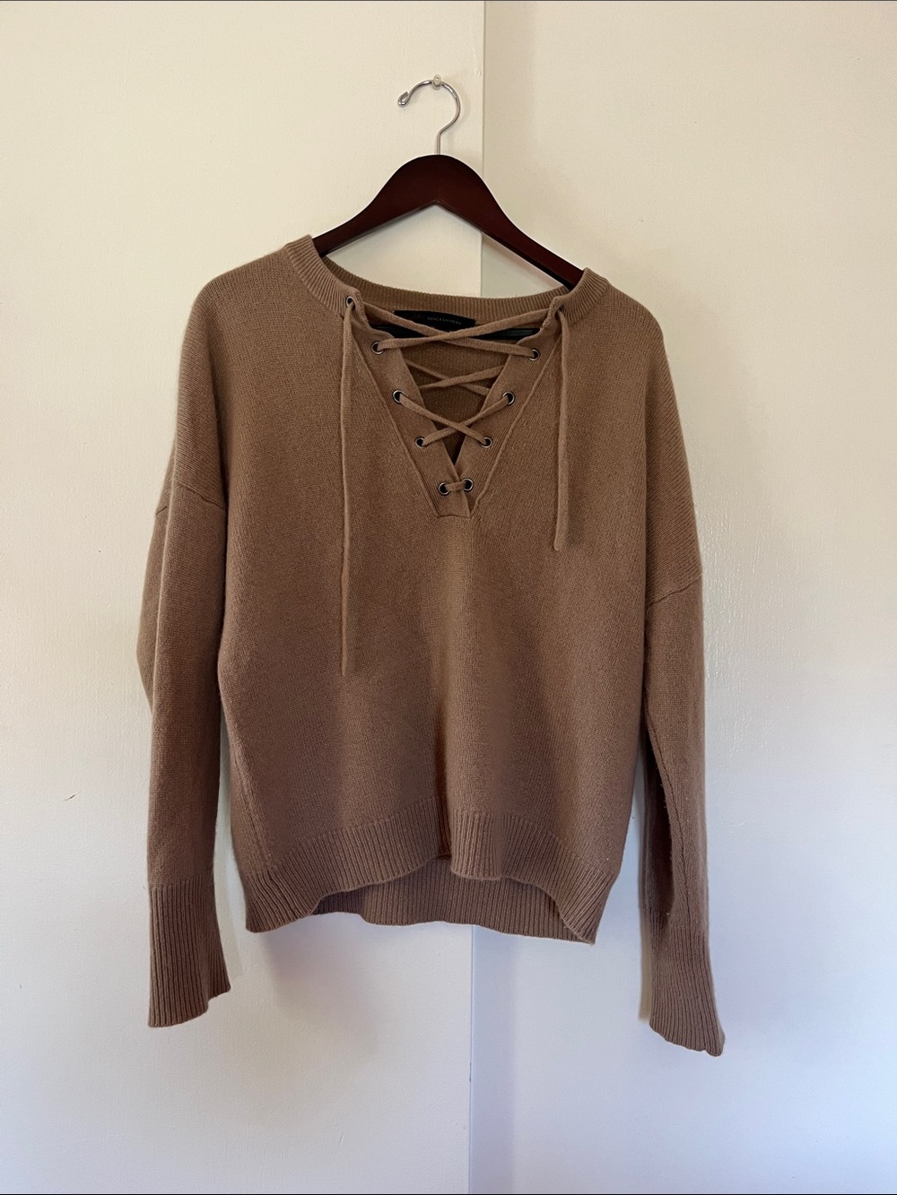 360 Cashmere Lace-Up Scoop Neck Sweater in Taupe Brown